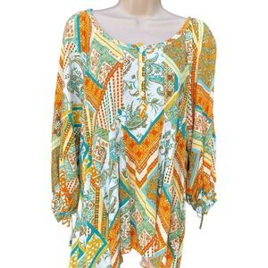 Cato Multicolor Patchwork Blouse super soft long sleeves ties bottom front Large